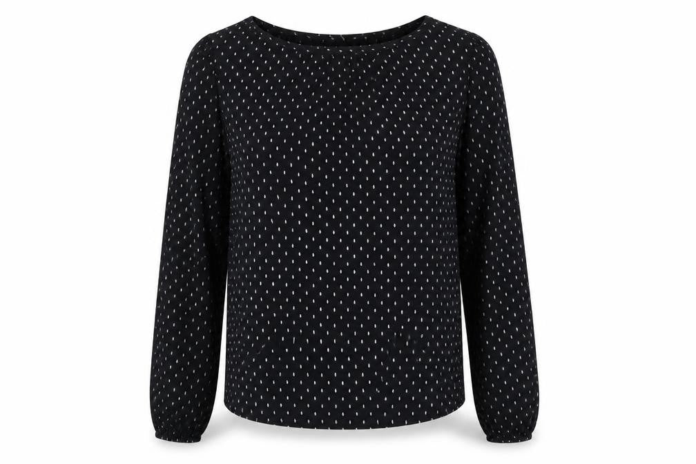 Front view of redraft women’s black geometric viscose basic blouse, size UK 6, round neck