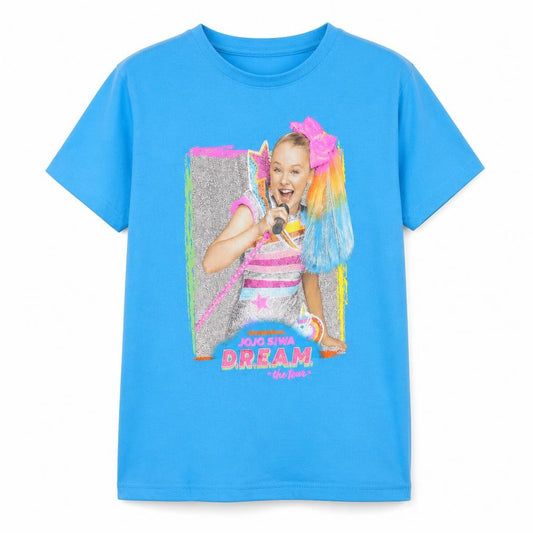 Front view of Nickelodeon girls’ blue polyester basic t-shirt, years round neck pullover - jojo siwa d.r.e.a.m tour