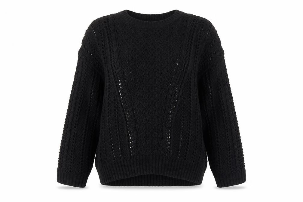 Front view of Peacocks women’s black round neck acrylic jumper, size M