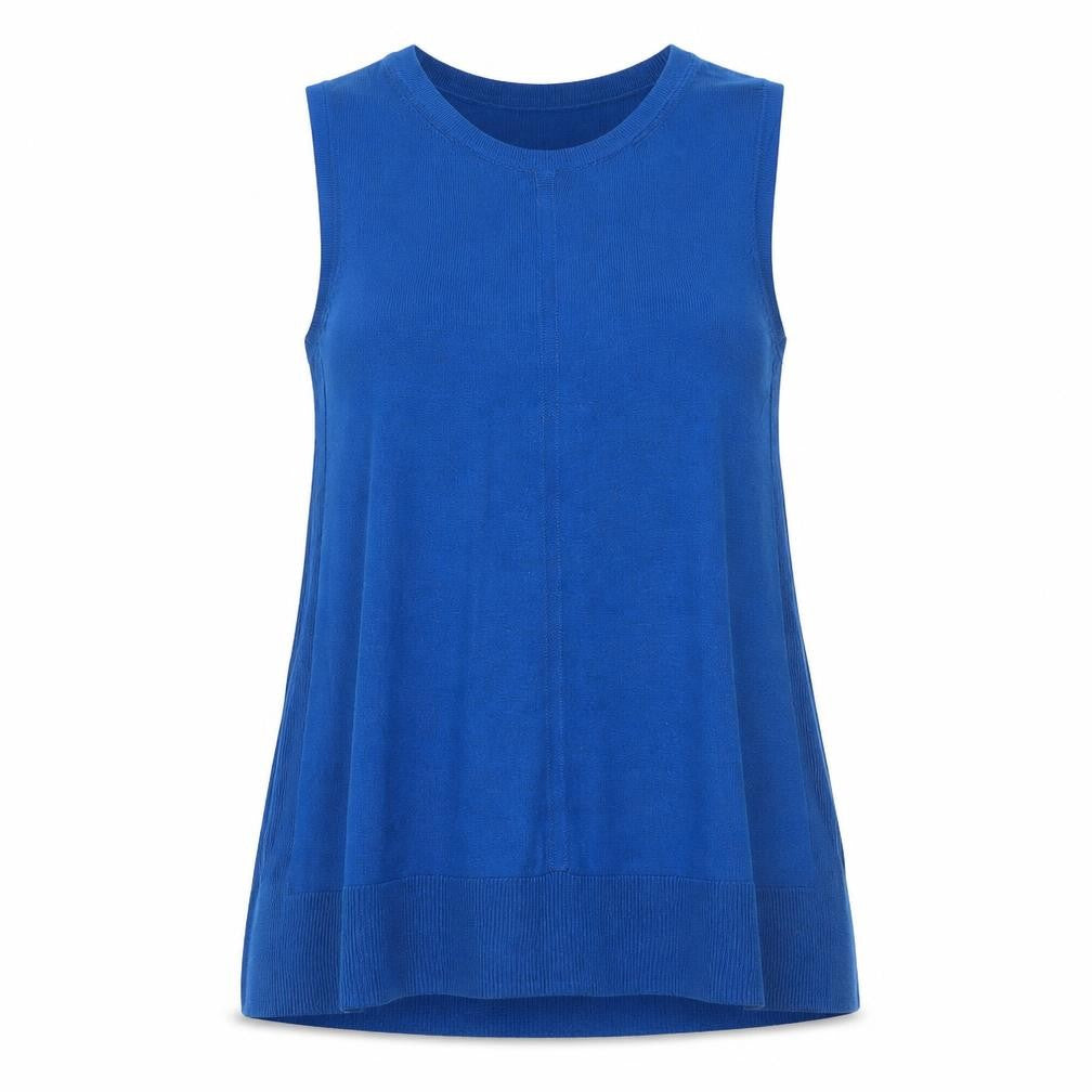 Front view of Marks & Spencer women’s blue round neck acrylic jumper, size UK 10