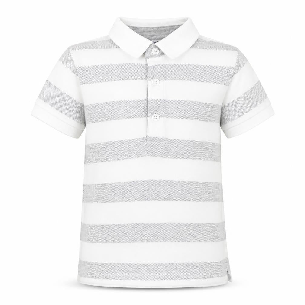 Front view of Next boys’ grey 100% cotton basic polo, size 2-3, years collared button