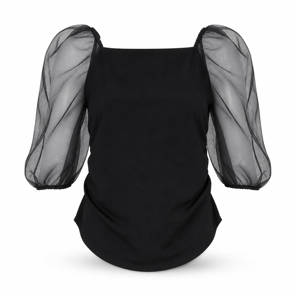Front view of Missguided women’s black polyester basic blouse, size UK 10, square neck - sheer sleeves
