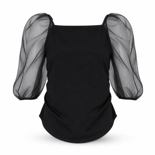 Front view of Missguided women’s black polyester basic blouse, size UK 10, square neck - sheer sleeves
