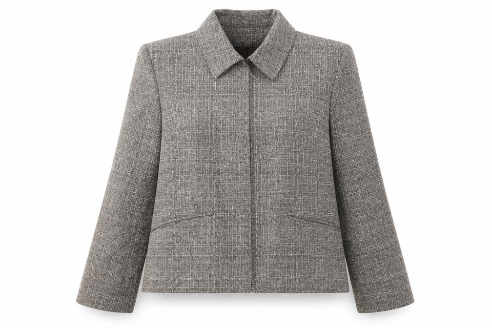 Front view of EWM women’s brown geometric jacket, size UK 10, zip
