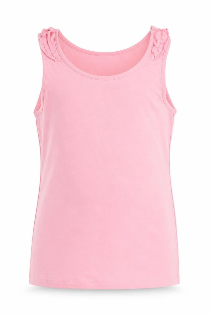 Front view of Next girls’ pink 100% cotton basic tank, size 7, years round neck pullover