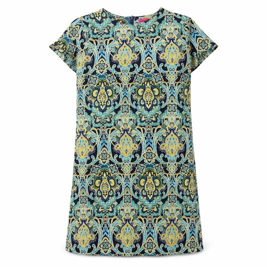 Front view of Boohoo women’s multicoloured geometric polyester a-line, size UK 8, round neck zip
