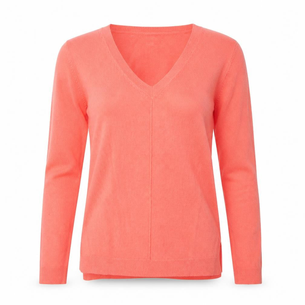 Front view of Primark women’s pink v-neck acrylic jumper, size UK 8