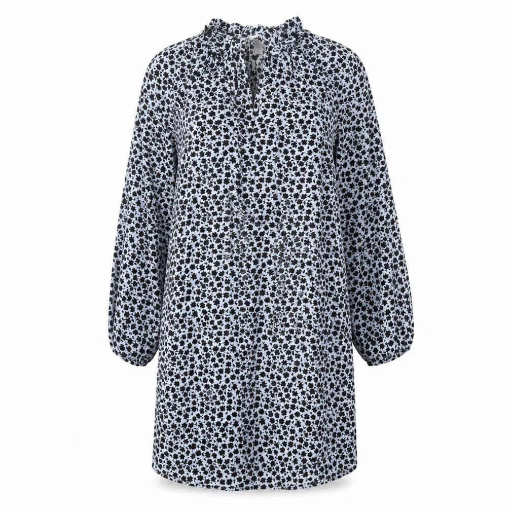 Front view of H&M women’s blue geometric polyester a-line, size UK 10, mock neck tie