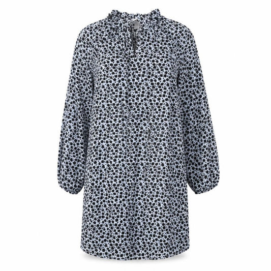 Front view of H&M women’s blue geometric polyester a-line, size UK 10, mock neck tie