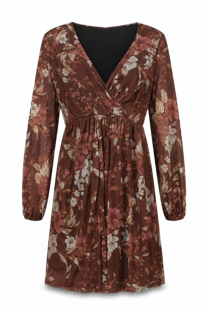 Front view of Zuiki women’s brown geometric polyester a-line, size S, v-neck pullover