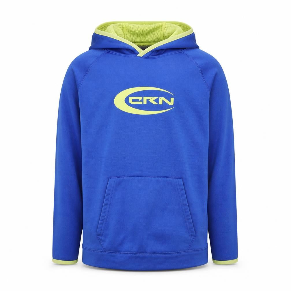 Front view of Crane boys’ blue polyester pullover hoodie, size L, pullover
