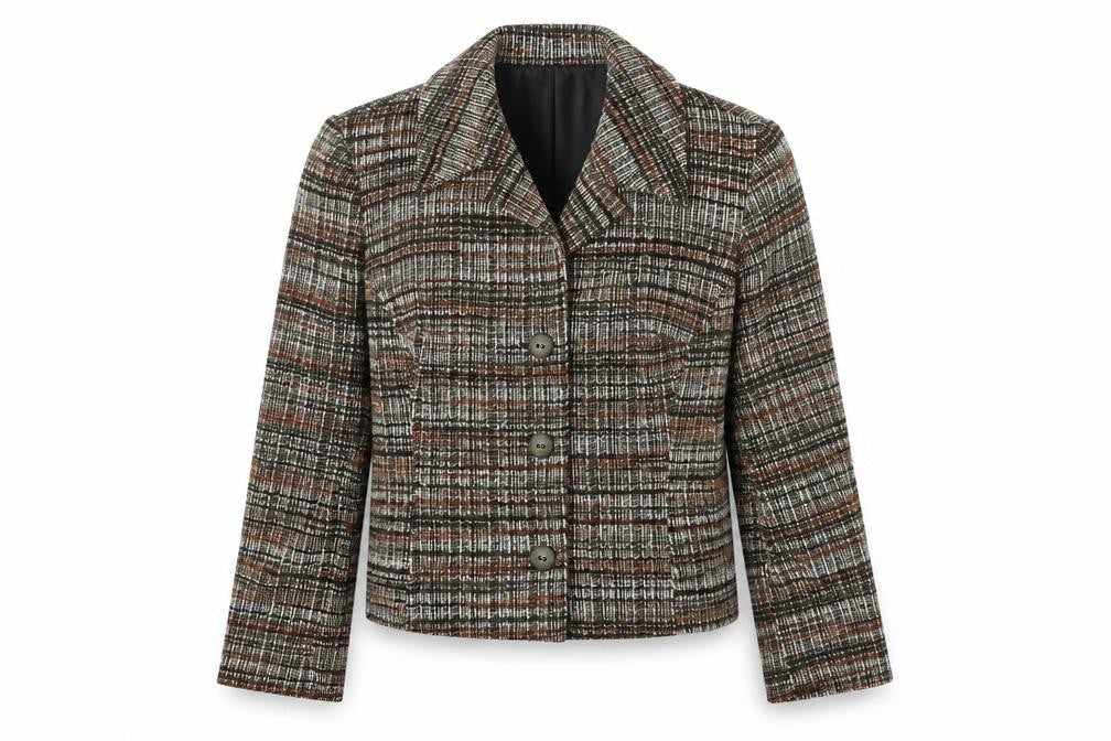 Front view of Mary Harnes women’s brown plaid polyester jacket blazer, size UK 14