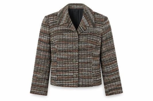 Front view of Mary Harnes women’s brown plaid polyester jacket blazer, size UK 14