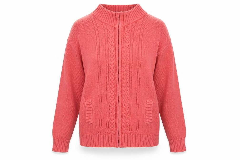 Front view of EWM women’s red jacket, size XS, zip