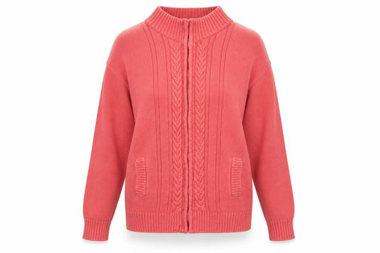 Front view of EWM women’s red jacket, size XS, zip