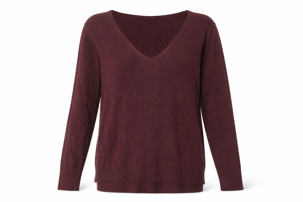 Front view of Primark women’s red v-neck acrylic jumper, size S