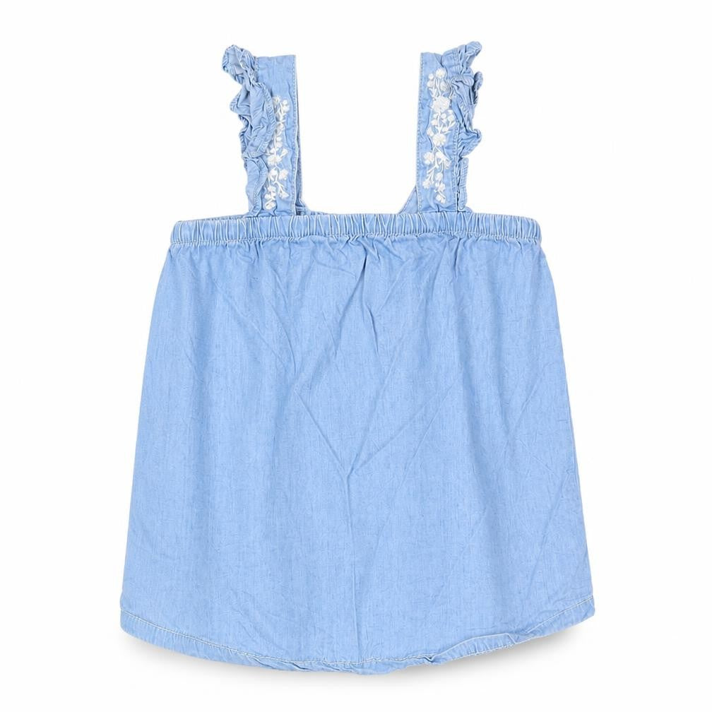 Front view of M&Co girls’ blue lyocell basic tank, size 12, years square neck pullover