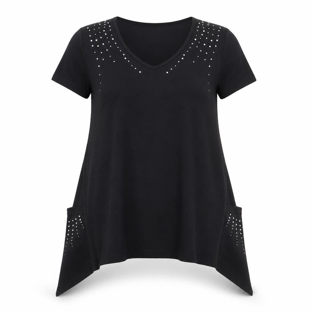 Front view of Being Casual women’s black polyester basic t-shirt, size UK 14, v-neck