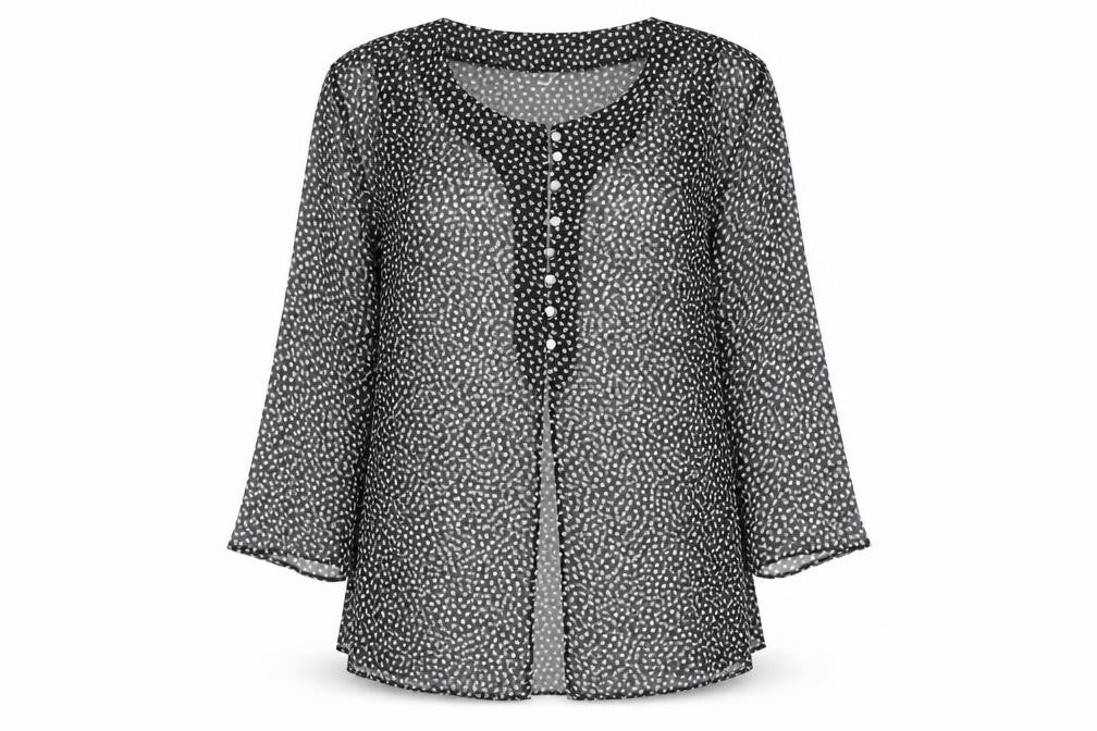 Front view of Topshop women’s black geometric polyester basic button-up, size UK 10, round neck - hearts