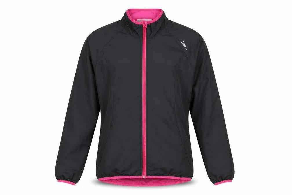 Front view of Crane women’s black windbreaker jacket, size S, zip