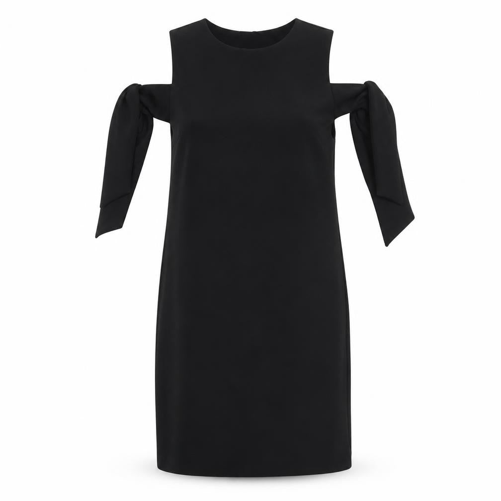 Front view of Warehouse women’s black polyester a-line, size UK 10, round neck pullover - cold shoulder