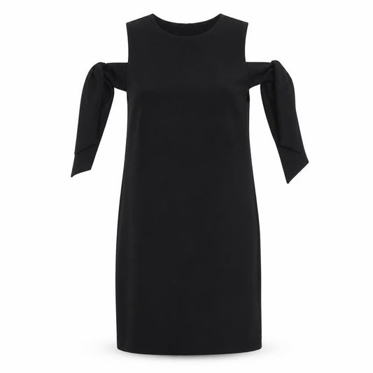 Front view of Warehouse women’s black polyester a-line, size UK 10, round neck pullover - cold shoulder