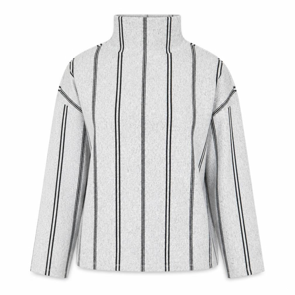 Front view of F&F women’s grey high neck striped polyester jumper, size UK 10