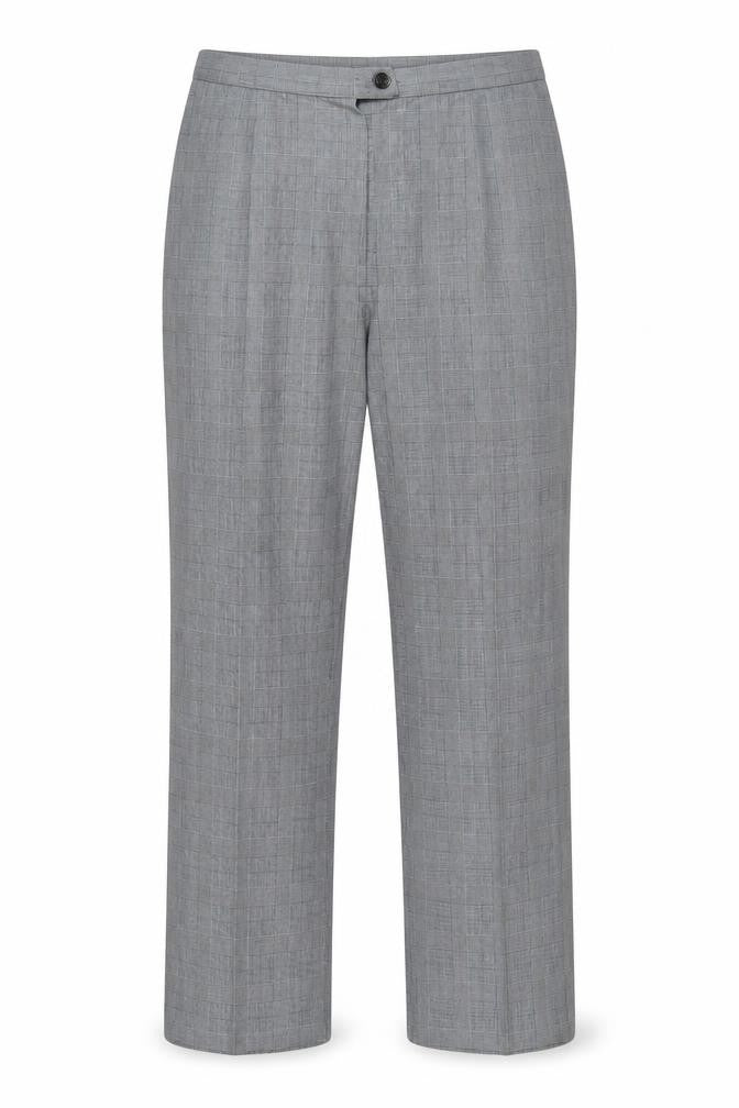 Front view of Marks & Spencer women’s grey plaid polyester trousers, size UK 14, regular zip