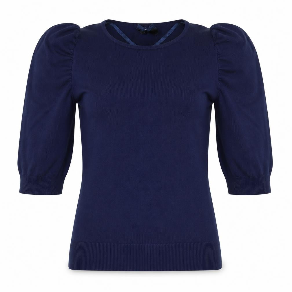 Front view of Atmosphere women’s blue round neck viscose jumper, size UK 12
