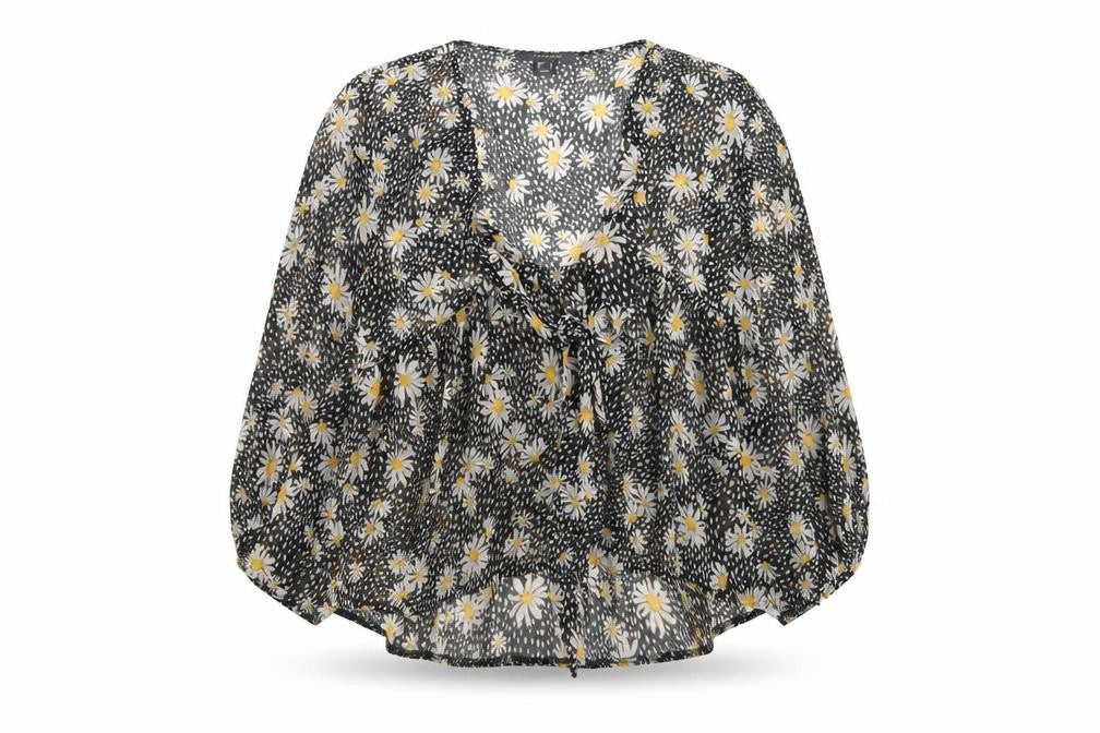 Front view of Primark women’s black geometric polyester basic blouse, size UK 6, square neck - daisy print