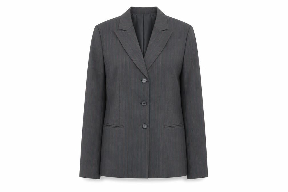 Front view of Laura Lebek women’s grey striped polyester jacket suit jacket, size UK 12