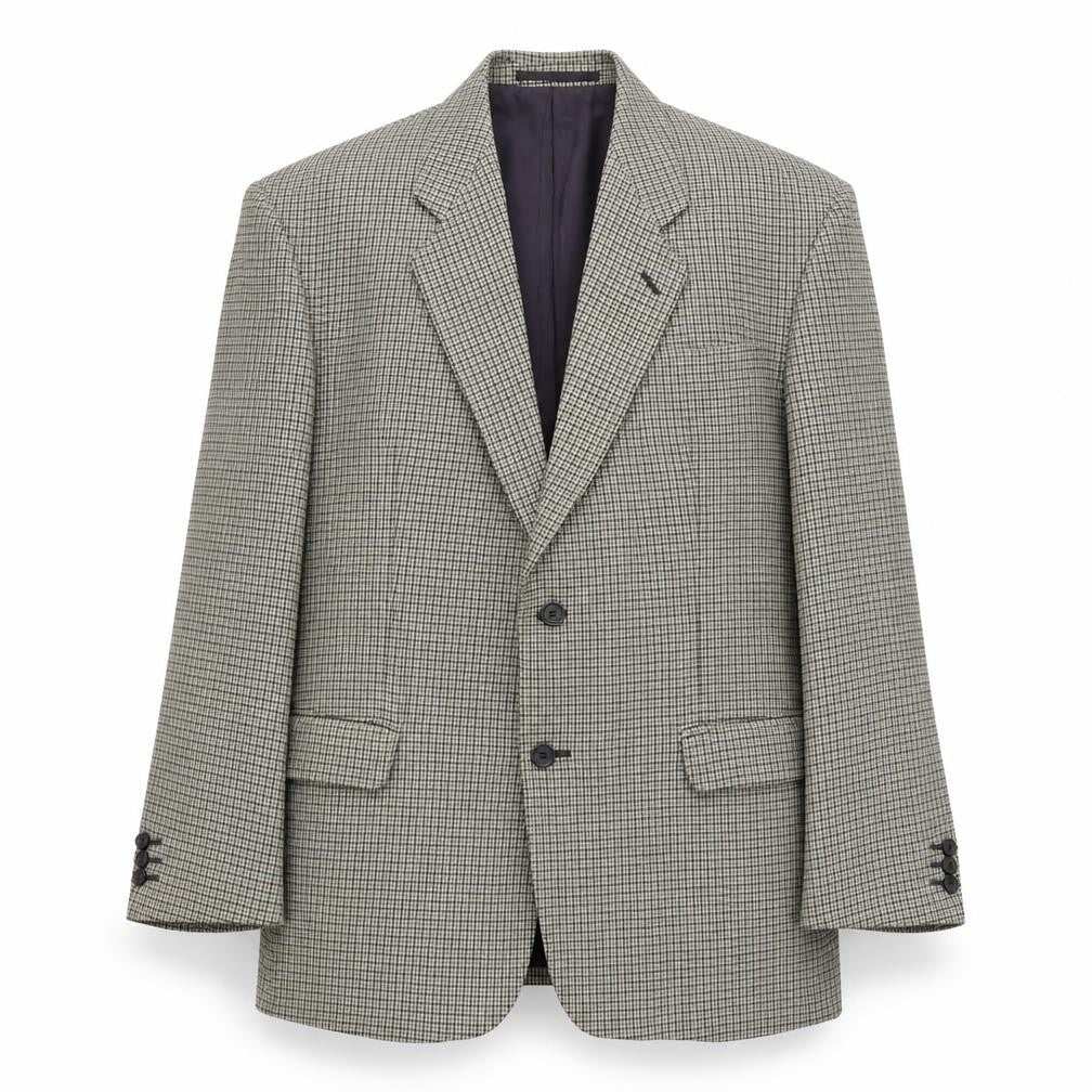 Front view of Debenhams men’s beige geometric wool jacket blazer, size L, regular