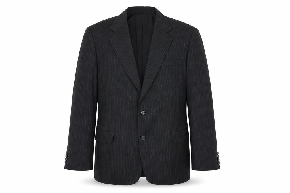 Front view of St Michael men’s grey striped polyester jacket suit jacket, size L, regular