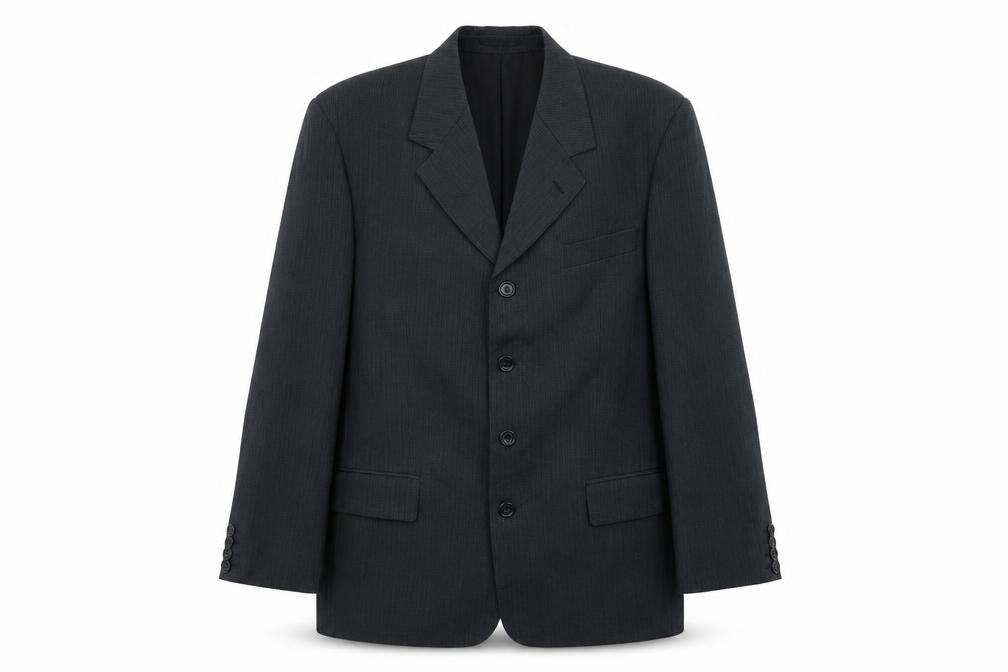 Front view of Reve men’s grey striped polyester jacket suit jacket, size L, regular
