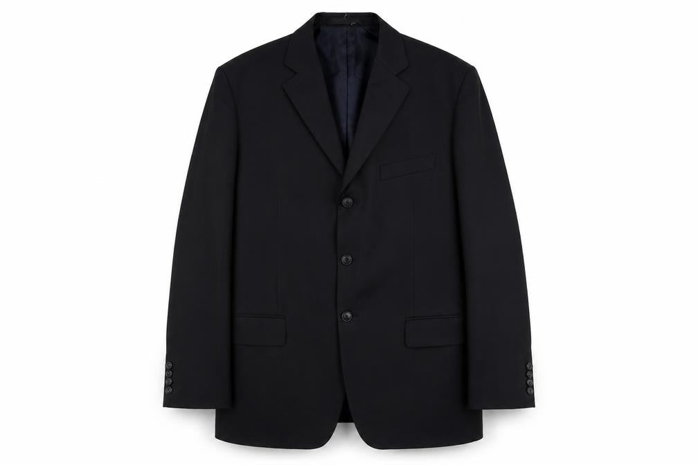 Front view of Marks & Spencer men’s blue polyester jacket suit jacket, size M, regular