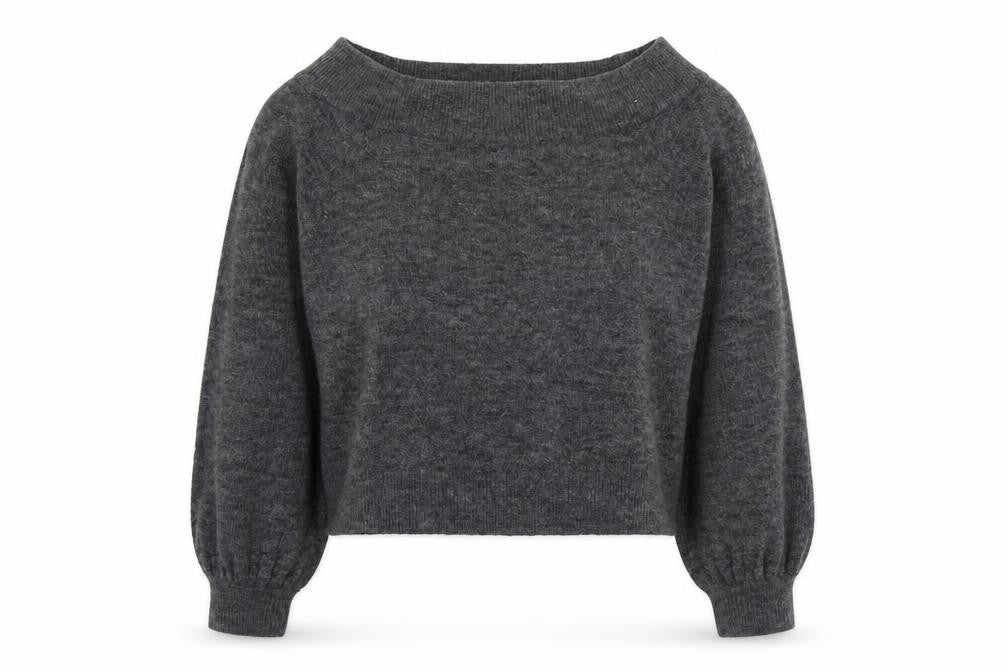 Front view of H&M women’s grey boat neck acrylic jumper, size M