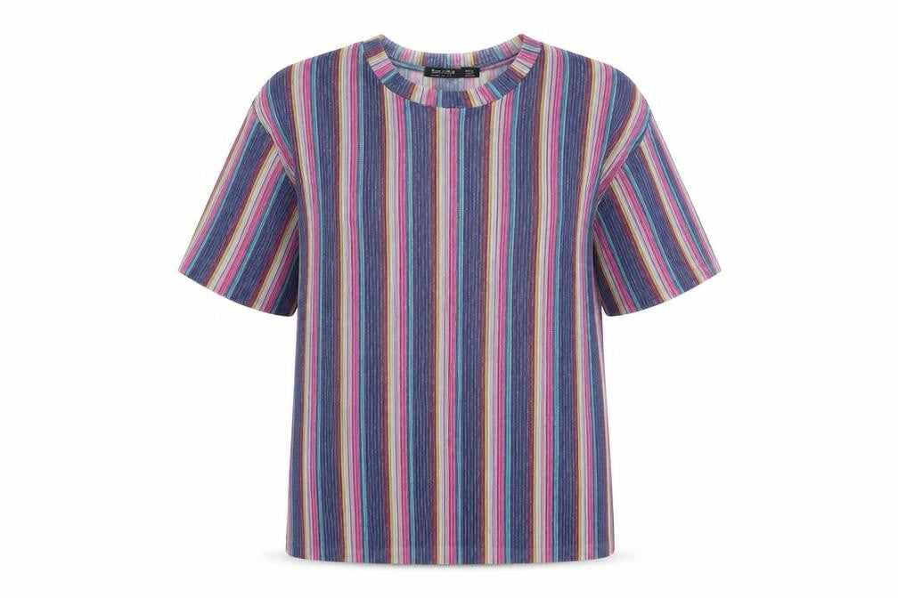 Bershka Womens Multicoloured Striped Polyester Basic T-Shirt Size S Round Neck