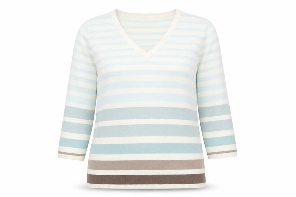 Front view of BHS women’s multicoloured v-neck striped acrylic jumper, size UK 10