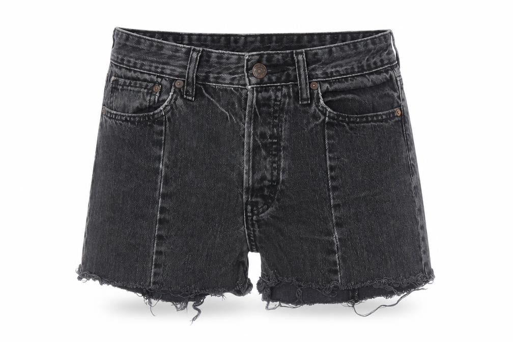 Front view of H&M women’s grey cotton cut-off shorts, size UK 28, in, 3-inch leg regular button