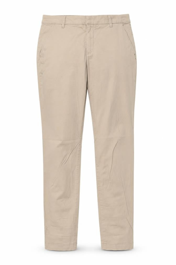 Front view of H&M women’s beige cotton chino trousers, size UK 8, 28-inch leg regular button