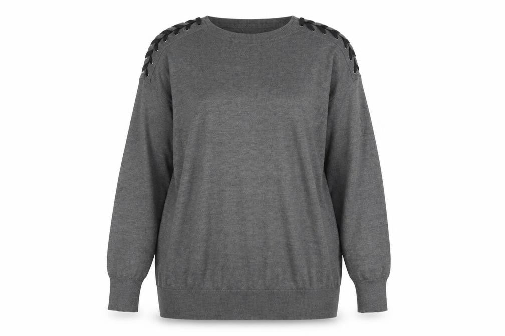 Front view of Yessica women’s grey round neck polyester jumper, size L