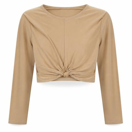 Edge Womens Beige Polyester Cropped Blouse Size 6 Round Neck - Twist Detail