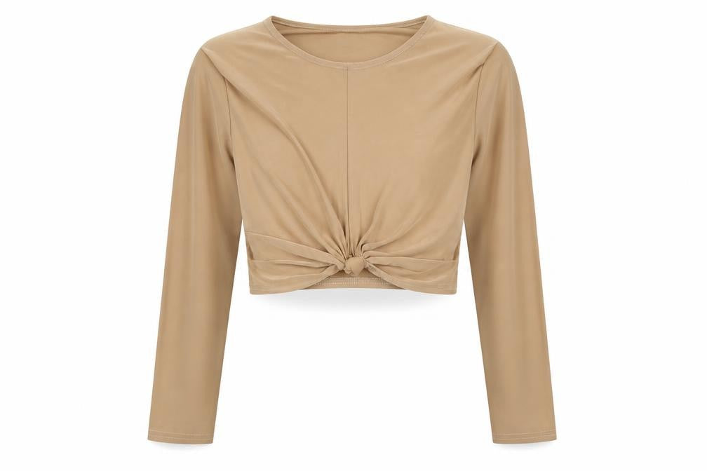 Edge Womens Beige Polyester Cropped Blouse Size 6 Round Neck - Twist Detail