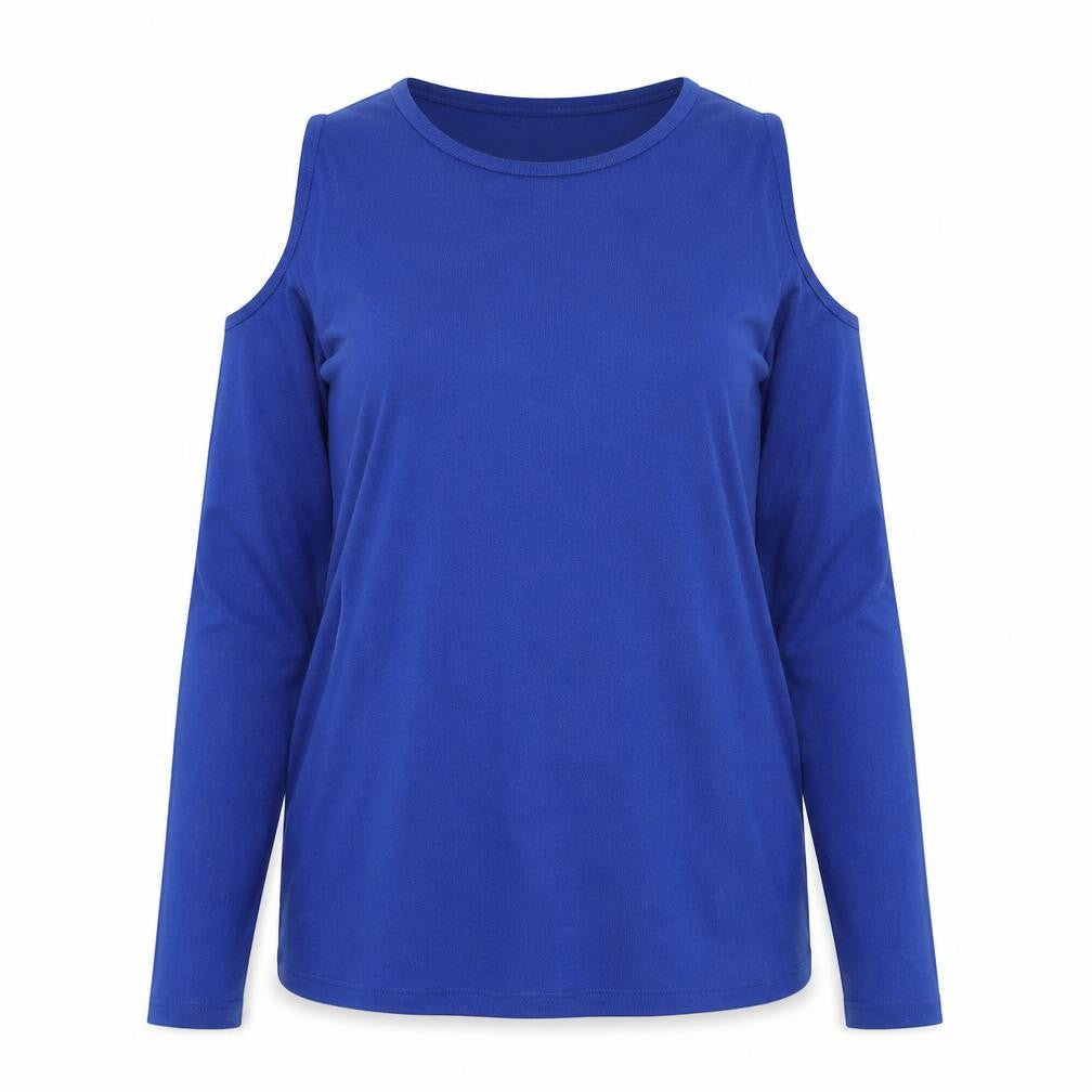 Front view of ASOS women’s blue round neck viscose jumper, size UK 12, - cold shoulder