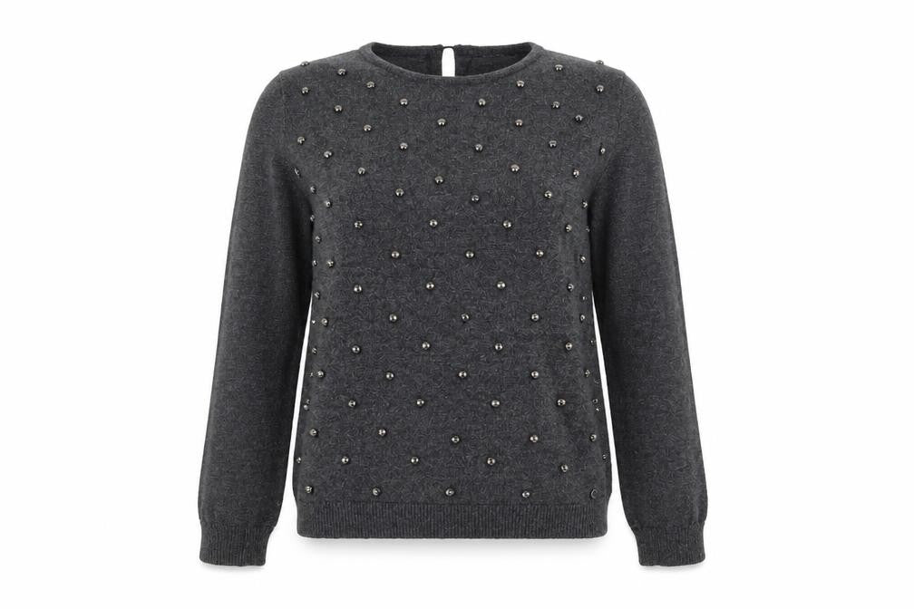 Front view of Papaya women’s grey round neck polyester jumper, size UK 12