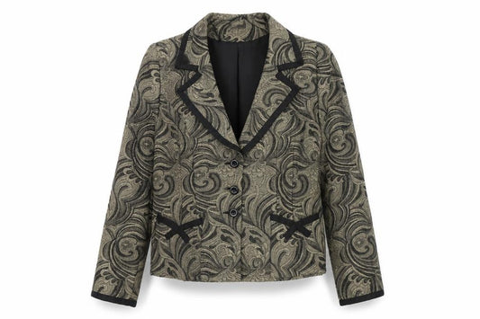 Front view of Perrie women’s gold polyester jacket blazer, size UK 12, - baroque pattern
