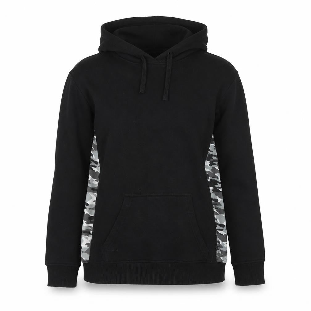 Front view of Fluid women’s black cotton pullover hoodie, size UK 10, pullover