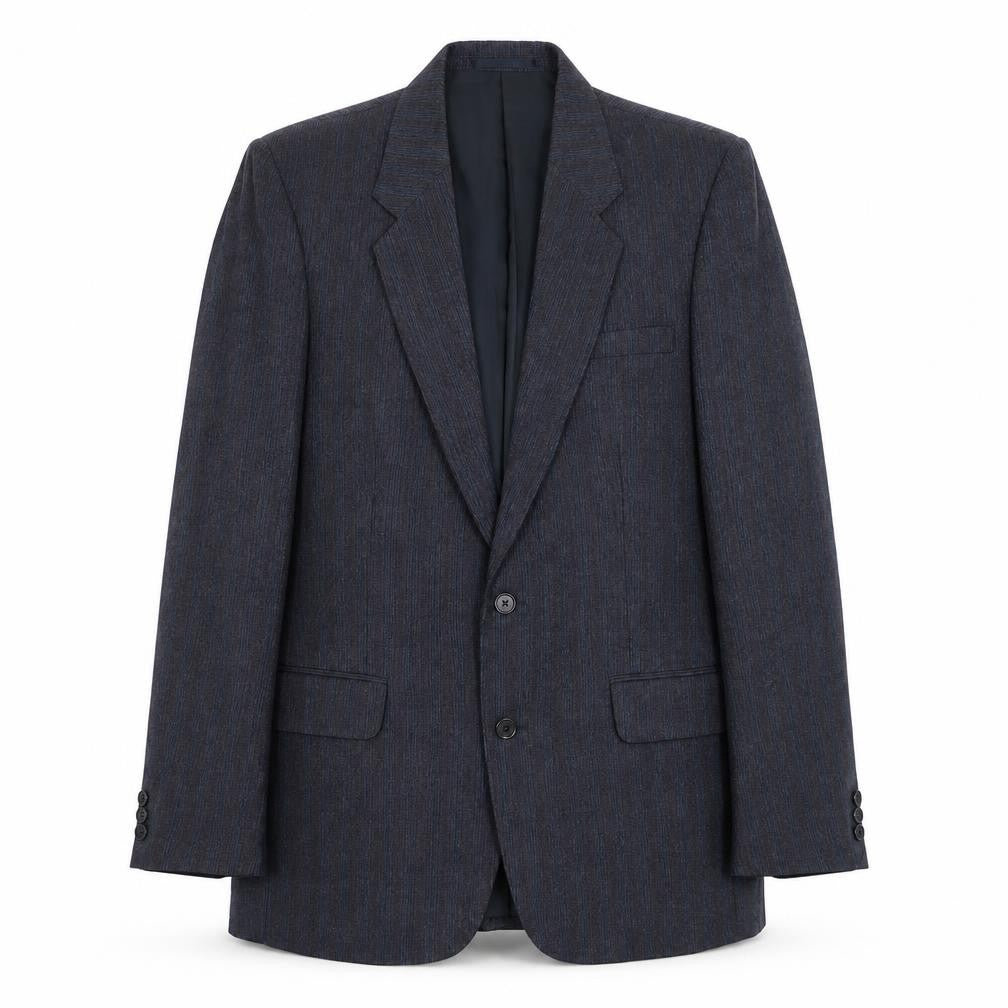 Front view of Guy Warwick men’s blue striped wool jacket suit jacket, size 40, regular
