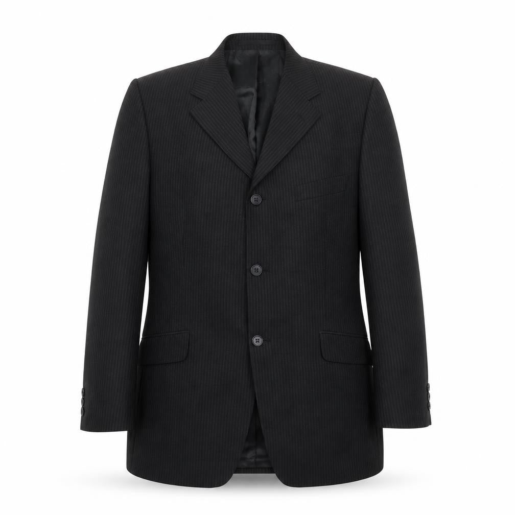 Front view of Gibson men’s black striped polyester jacket suit jacket, size 40, regular