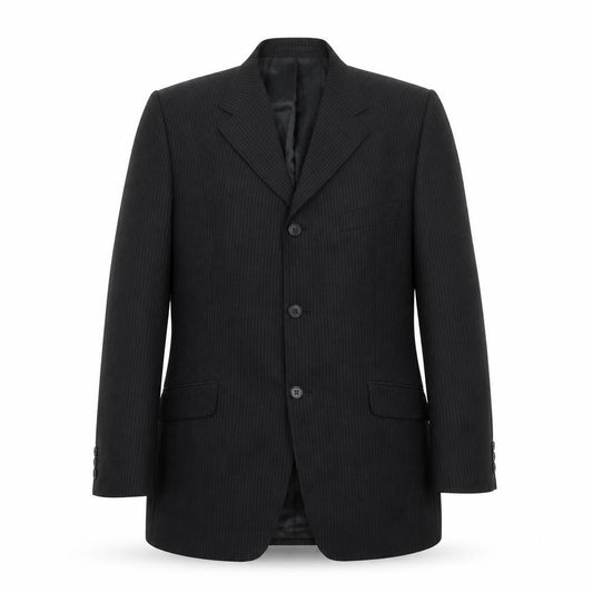 Front view of Gibson men’s black striped polyester jacket suit jacket, size 40, regular